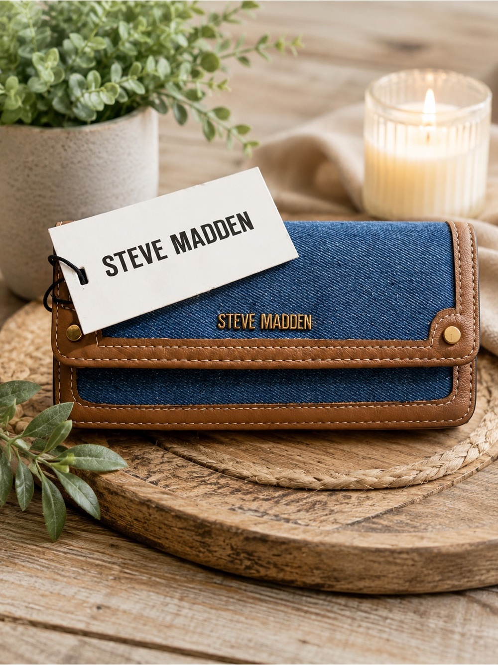 Steve Madden Blue Denim Wallet with Brown Trim